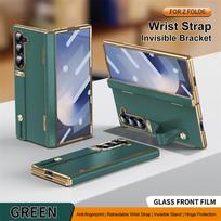 Leather Phone Case for Samsung Galaxy Z Fold 7 6 5 4 3 Fold7 Luxury Hinge Protector Wrist Strap Kickstand Back Cover YYC005 Galaxy Z Fold7 gray