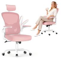 Biuro kėdė rožinė ergonomiška su galvos atlošu ir sulankstomais porankiais