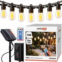 Saulės lauko girlianda 15m 15x LED E27 su nuotolinio valdymo pultu ir USB įkrovimu