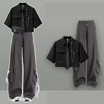 Girl Summer Casual Tracksuit Matching Set Korean College Short-sleeve Shirt+Sport Wide Leg Cargo Pants Two-piece Suit XXL