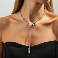 Minimalist Cool Tone Square Black Diamond Pendant Choker Necklace - Stylish Statement Long Necklace for Women, Sleek Metal Chain, Anti-Tarnish