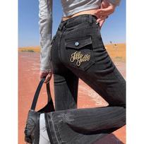 Women's Slim Fit Black High-Waisted Micro-Flare Embroidered Jeans for Autumn/Spring 2XL juoda