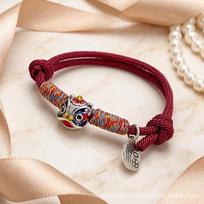 Sterling Silver Waking Lion Red String Bracelet for Year of the Horse - Women's Wealth-Attracting Woven Rope brown