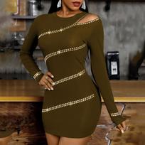 Fashion Women's Color Hot Drill Slim Package Hip Strapless Long Sleeved Dress S
