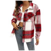 Autumn and Winter European and American Women's Big-pocket Shirts, Casual Plaid Tops, Loose Long-sleeved Shirts XXS raudona