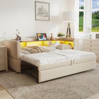 Apmušalas, Ištraukiama sofa-lova 90/180*190cm, Įrengta LED apšvietimu, Lizdais ir daugeliu daiktadėžių, Daugiafunkcinė, Vienvietė lova, Smėlio spalvos. 211 x 199 x 80 cm smėlis