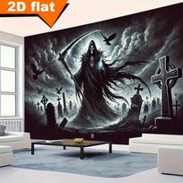 2D Flat,Grim Reaper Skeleton Graveyard Gothic Horror Tapestry Halloween Wall Art Living Room Decor Dark Fantasy Scary Background 100X70CM gray