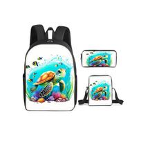 Sea Turtle Coral Print 3Pcs/Set Backpack with Messenger Bag ,Pencil Bags for Boy/Girl Best Gift Cartoon Student School Bags