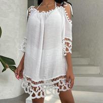 Hollow Lace One-shoulder Straps Sexy Fashion Solid Color Loose Leisure Vacation Beach Sunscreen Swimsuit Cover one size juoda