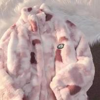 Women's Tie Dye Lamb Fleece Jacket Autumn Winter Zipper Outerwear Warm Plush Jackets Harajuku Casual Loose Female Thick Coat 3XL raudona