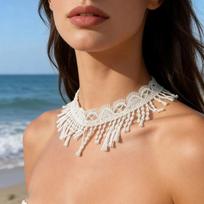 Bohemian White Lace Choker Necklace Vintage Floral Tassel Choker For Women Bridal Beach Wedding Party Jewelry as the picture