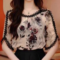 Spring and Autumn Chiffon Western Style Blouse Floral Short-sleeved Super Fairy Shirt Summer Women M