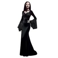 Women's V Neck Flare Long Sleeve Mermaid Maxi Dress Gothic Morticia Addams Halloween Cosplay Long Train Gown S juoda