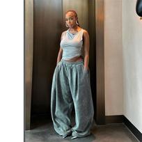 Y2K Casual Wide-Leg Pants Women Autumn Loose Simple Basic Pocket High Waist Trousers Corduroy Streetwear Long Bottoms L mėlyna