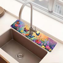 1Pcs Butterfly & Flower Pattern Sink Faucet Absorbent Mat, Drainage Pad, Kitchen Bathroom Sink, Countertop Drain Pad 14*38cm gray
