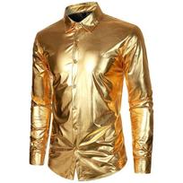 Men Shiny Loose Long Sleeve Turn Down Collar Casual Night Out Shirt S auksas