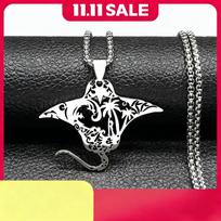 Cute Manta Ray Sea Devil Fish Pendant Necklace For Women Men Stainless Steel Gold Silver Color Coconut Tree Nature Chain Jewelry