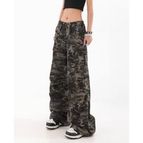 Retro Camouflage Darbinės Kelnės Moterims Rudeniui Aukštos Gatvės Hip-hop Laisvos Tiesios Grindis Šluojančios Kritusios Laisvalaikio Kelnės M black