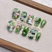 Square Press on Nails Almond Fake Nails French Tip False Nails with 3D Design Full Cover Acrylic Glue on Nails Artificial Stick on Nails for Women M