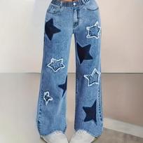 Five-pointed Star Imitation Denim Effect All-over Printed Plus Size Women's Casual Printed Flared Pants L