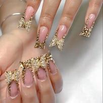 24pcs Light Luxury Press On Nails Shiny Gold French Style Duckbill False Nails Full Flash Diamond Butterfly Decor Fake Nail Tips gray