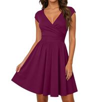 Women Short Sleeve V Neck Fit and Flare Dress with Pleated Waist and A Line Skirt Suitable for Multiple Occasions XL raudona