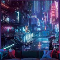 Large Cyberpunk Neon Cityscape Tapestry Wall Hanging Futuristic Sci Fi Art Room Decoration Pop Culture Abstract Ambient Poster P 100X70CM blue