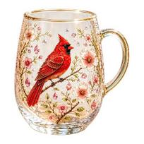 Yousheng Morning Glass Tea Cup, Hummingbird Flower Pattern Tumbler with Gold Rim, Nature Themed Glassware for Tea Coffee Juice Wine Hot Cold Drinks beige