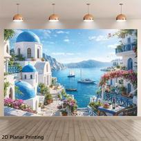 Didelis sieninis gobelenas Santorini, Graikija, plokščias spaudinys, Viduržemio jūros mėlyni kupolai, pakrantės Egejo stiliaus namų dekoras, meno plakatas svetainei 100X70CM white
