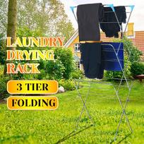 Three Layers Foldable Floor-Standing Clothes Drying Rack Hangers Clothes Airer Iron Durable Clothes Drying Airer Rack black