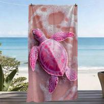 Tropical Pink Turtle Beach Towel Realistic Sea Turtle on Beach Foam Pattern Bath Towel, Perfect for Ocean Lovers Beach Vacations 27x55inch 70x140cm&1pc