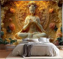 Golden Buddha Goddess Wall Tapestry With Floral Carving And Peaceful Design Art Decor For Zen Bedroom Meditation Space 70x100CM brown