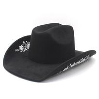 Western Faux Suede Cowboy Hat with Golden Embroidered Rose Jazz Style Fedora Panama Sombrero for Cowgirl And Hombre M 56-58cm black