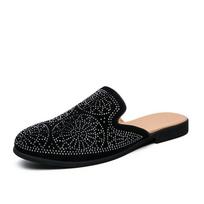 Summer Men Shoes Casual Brand Half Shoes Men Loafers Rhinestones Leather Half Slipper Breathable Slip on Lazy Flat Men Moccasins 38 juoda