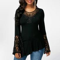 Plus Size Sexy Womens Autumn  Solid Pullover Long Flared Sleeve T-shirt Ladies Printed Tunic Tops Blouses Clothing 5XL juoda