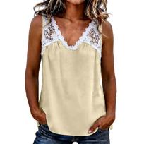 Women Sleeveless Lace Patchwork V Neck Tank Top Casual Loose Fit Blouse Lightweight Soft Fabric Summer Shirt for Daily Wear XL chaki