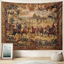 Senovinis viduramžių riterio ant žirgo gobelenas, poliesterio sieninė dekoracija, estetiška svetainės, miegamojo, bendrabučio nuotraukų dekoracija 100X70CM beige