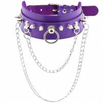 Punk Gothic Spike O-Ring Leather Choker & Metal Clavicle Chain violetinė