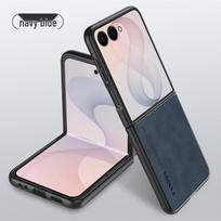 Luxury Leather Matte Case for Samsung Z Flip7/Flip6/Flip5 Z Flip3 tamsiai mėlyna