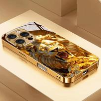 Auksinis Rėkiantis Liūtas Raštas Auksiniai Metaliniai Dažai Stiklinis Telefono Dangtelis iPhone 17 Pro Max 11 12 13 14 15 16 Plus 17 Air 16E Dangtelis iPhone 14 Plus brown