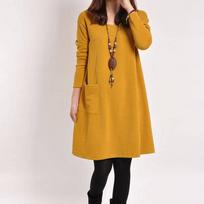 Women Fashion Casual Loose Pocket Dress Long Sleeve Loose Dress L geltona