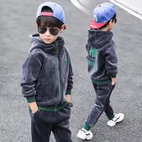 Children Clothing Set Double-sided Velvet Fashion Letter Hooded 2PCS Hoodies Coat +Pants Kids Boys Tracksuit for Autumn Winter 160 pilka