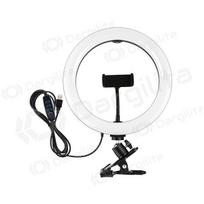 LED žiedinė lempa 26 cm su telefono laikikliu ir spaustuku USB