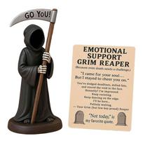 Emotional Support Grim Reaper Figurine with Support Card Gothic Skeleton Statue Desktop Ornament for Halloween Home Office Decor beige