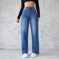 Women's High Waist Wide Leg Jeans Straight Leg Denim Pants Fringe Hem Non Stretch Streetwear Trousers For Daily Casual Outfits S mėlyna