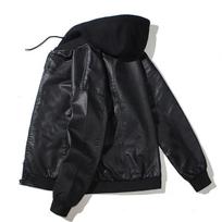 Mens Hooded PU Leather Jacket Motorcycle Hooded Young Leather Plus Cotton Padded Coat Men XXXL juoda