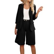 2 Pcs/Set Women Business Outfit Loose Wide Leg Cardigan Solid Color Double Buttons S juoda