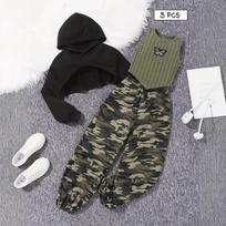 Short Hooded Sweatshirt Set, Fleece Ribbed Back Camouflage All-over Printed Sweatpants 3-piece Set 4-5Y