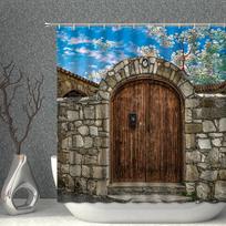 Arched Door Shower Curtain Brick Wall Sea View Construction Pattern Household Decoration Waterproof Polyester Fabric With Hooks W90XH180cm