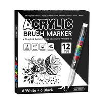 12Pcs Liquid Acrylic Paint Pen Brush Tip Acrylic Marker White/Black for Art Drawing Scrapbooking Card Making Journaling black